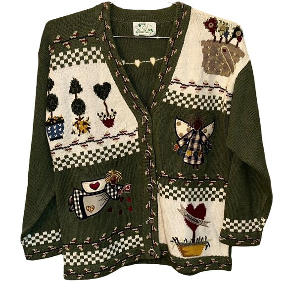 Vintage The Quaker Factory Cardigan Sweater Angles Hearts Knit Grandma Small - Picture 1 of 9